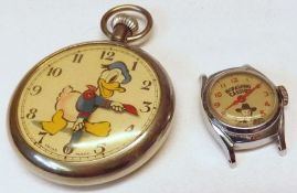 A Mixed Lot of mid-20th Century Metal Cased Novelty Pocket Watch “Donald Duck”, button wind, 2”
