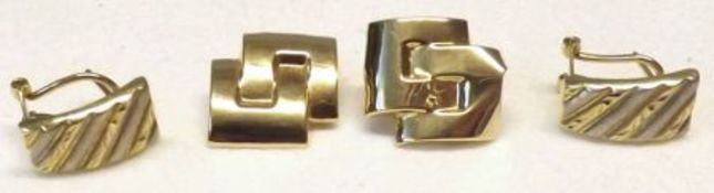 Two pairs of mid-grade yellow metal Modernist Design Earrings, stamped “14K”, “585”, weighing