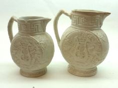 A pair of 19th Century White China Jugs, decorated with lyre design; together with a further 19th