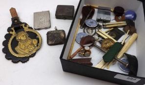 A Box: various assorted mixed items to include various Buttons, Vesta Case, various Badges, Horse
