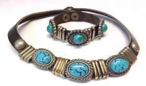 An unusual Designer type Leather Collar with metal and turquoise style mounts; together with a