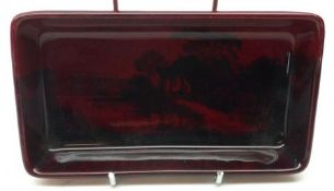 A small Royal Doulton Flambé rectangular Dish, decorated with pastoral scenes, 6” wide (heavily