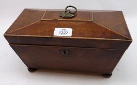 A 19th Century Mahogany Sarcophagus-formed Tea Caddy, the top fitted with brass ringlet handle,