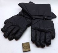 A Vintage Brass Plain Vesta Case and a pair of Vintage Motorcycle/Flying Gloves