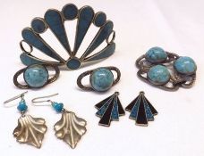 A group comprising a Mexican white metal and enamelled pair of Earrings of fan design in Art Deco