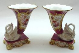 A pair of 19th Century floral decorated Cornucopia style Vases with swan detail, unmarked, 6” high