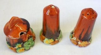 A Clarice Cliff “My Garden” Three Piece Cruet, comprises a Salt, Pepperette and Lidded Mustard,