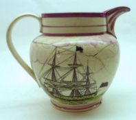 A 19th Century Sunderland Lustre Jug, decorated with a panel of Northumberland 74 Tall Ship and a