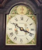 A Reproduction Longcase Clock with pagoda top over an arched painted dial, in a stained pine case,