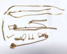 A small group of yellow metal Jewellery, including Stick Pin, Meshwork Bracelet (A/F), Earrings,