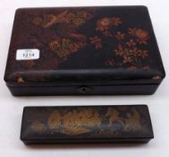 A lacquered and Japanned rectangular Box and a further similar Pencil Case, the largest 10” long