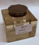 An Edwardian Square Glass Inkwell with chamfered edges and applied silver collar and lid (detached),