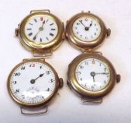 A packet of four early 20th Century Ladies 9ct Gold Cased Wristwatches (no bracelets), conditions