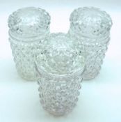 Three John Derbyshire Clear Pressed Glass Preserve Jars of circular form with removable lids, 5”