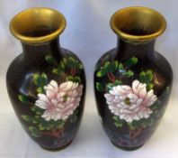 A pair of 20th Century Oriental Cloisonné Baluster Vases, decorated with flowering foliage on a