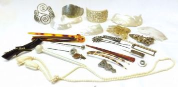 A Mixed Lot including Mother-of-Pearl Pendant/Brooches, Hair Clips etc (qty)