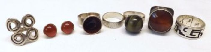 A collection of six assorted hallmarked Silver/white metal Designer type Rings and a pair of