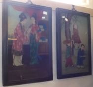 Two early 20th Century Oriental Coloured Pictures on Glass, one showing ladies in a library; the