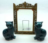 A pair of Poole Pottery Turquoise Glazed Cats, together with a Folding Brass Framed Photograph Frame