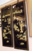 A pair of 20th Century Oriental Shibayama type Panels depicting figures on pagodas etc, 36” high,