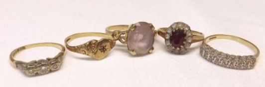 A group of four various hallmarked 9ct Gold stone-set Rings and a 9ct Gold Signet Ring, weighing