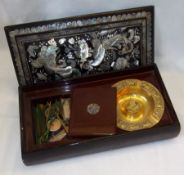 A Chinese Lacquered Box, the lid inlaid in the Shibayama manner with mother-of-pearl birds,