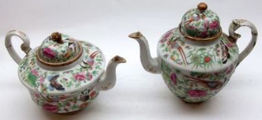 Two Canton Famille Rose Teapots of tapering circular form, each typically decorated in traditional