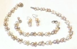 A Tri-colour white metal and Fresh Water Pearl Necklace; together with matching Bracelet and