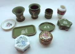 A Mixed Lot: various Wedgwood Green Jasper Wares, comprising various Vases, Candlesticks, Pin