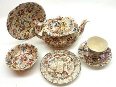 A Maling part Tea Set, comprising Squat Teapot, four Cups, five Saucers, five Side Plates, Sugar