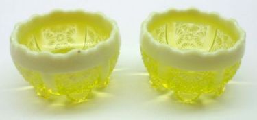 A pair of small Vaseline and Uranium Glass Salts, produced by Davidson, 2 ½” wide