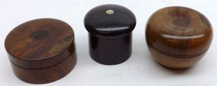 Three assorted Novelty Treen Boxes with round pull-off lids, the largest 3 ½” diameter