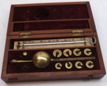 A Vintage Lacquered Brass Hydrometer in stained oak case, 20th Century, 8 ¼” wide