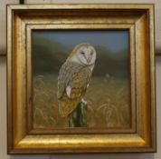 MICK CHAVE (CONTEMPORARY, BRITISH) BARN OWL Oil on Board, initialled lower right 6 x 6ins together