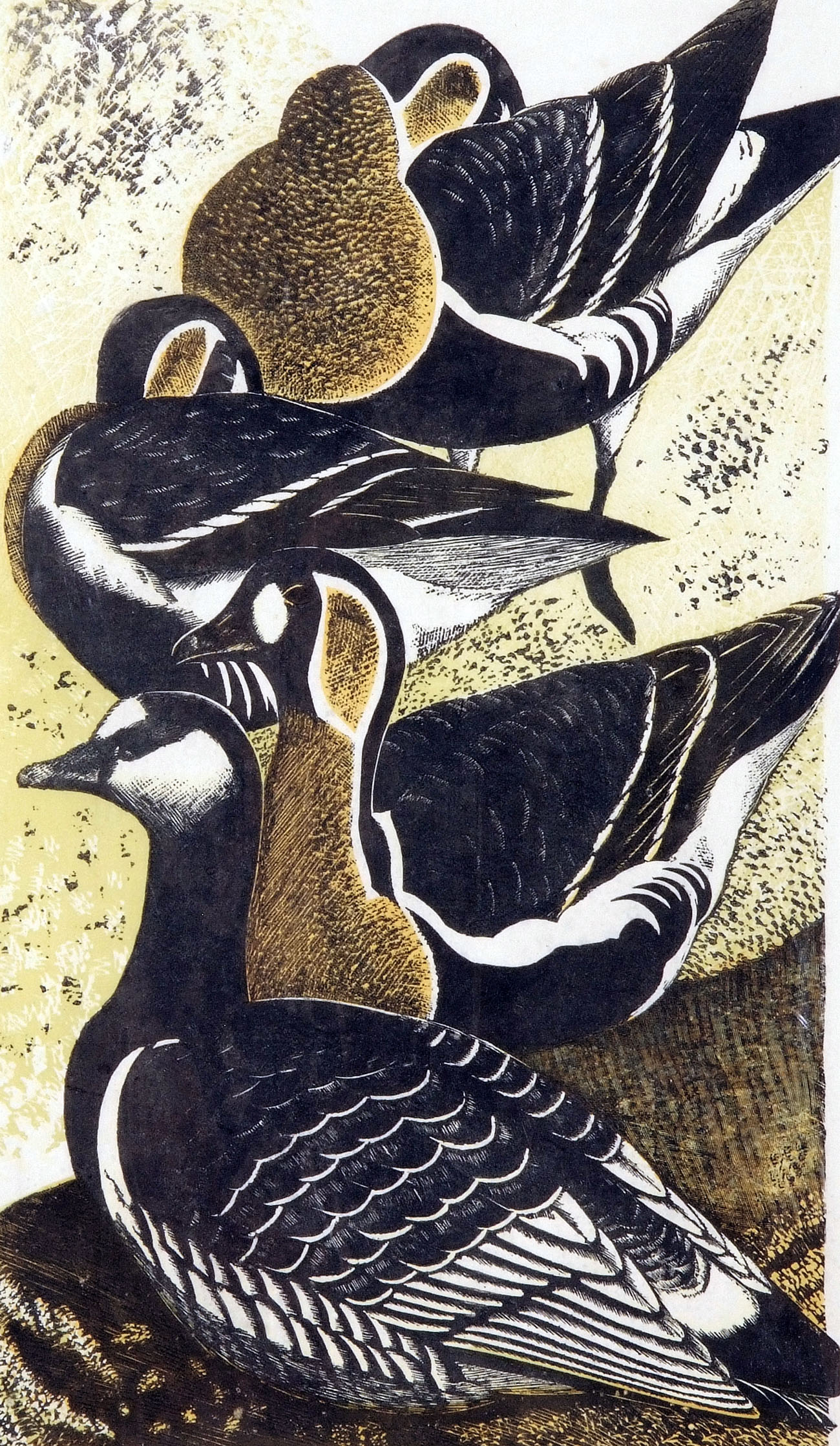 JAMES THOMAS ARMOUR OSBORNE, RE (1907-1979, BRITISH) RED BREASTED AND BARNACLE GEESE coloured lino