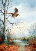 * CARL DONNER (CONTEMPORARY, BRITISH) WOODCOCK IN FLIGHT OVER WOODLAND watercolour, signed and dated