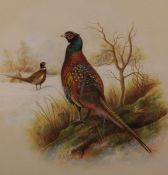 HUBERT SHIPP (20TH CENTURY, BRITISH) PHEASANTS IN WINTER LANDSCAPE watercolour, monogrammed lower