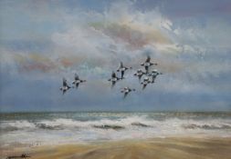 JAMES J ALLEN (CONTEMPORARY, BRITISH) BRENT GEESE, NORTH NORFOLK oil on board, signed lower left and