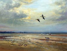 CARL DONNER (CONTEMPORARY, BRITISH) WADING BIRDS IN AN ESTUARY acrylic, signed lower right 10 x