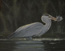 MICK CHAVE (CONTEMPORARY, BRITISH) HERON FISHING oil on board, signed lower right 15 ½ x 19ins