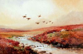 * ROLAND GREEN (1890-1972, BRITISH) GROUSE IN FLIGHT IN MOORLAND watercolour, signed lower right