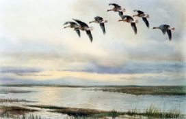 ROLAND GREEN (1890-1972, BRITISH) WHITE FRONTED GEESE IN FLIGHT OVER AN ESTUARY coloured artist’s