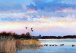 JAMES J ALLEN (CONTEMPORARY, BRITISH) DUCK, BARTON BROAD oil on board, signed lower left and