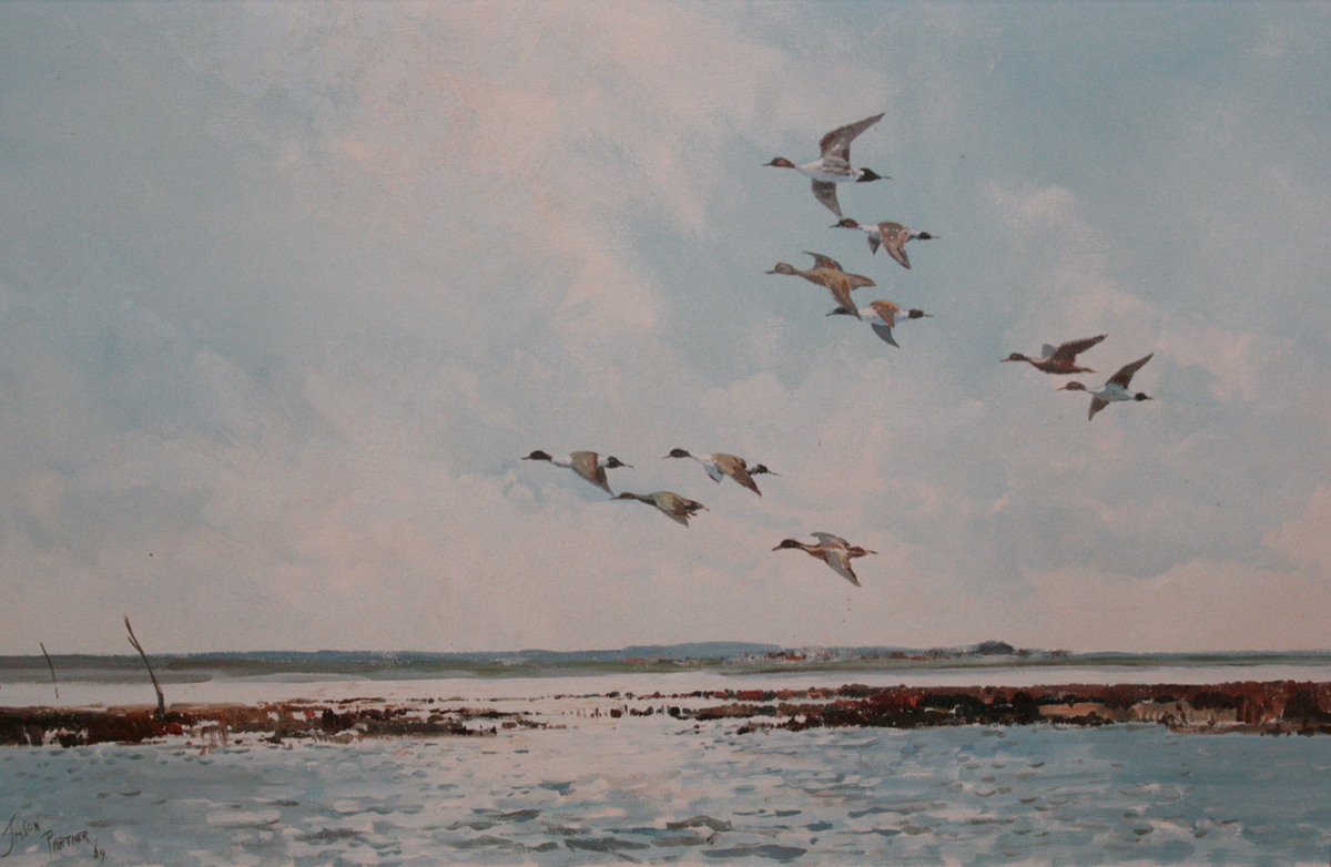 JASON PARTNER (1922-2005, BRITISH) PINTAILS DOWNWIND, NEAR BURNHAM OVERY oil on board, signed and