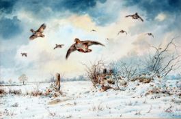 * CARL DONNER (CONTEMPORARY, BRITISH) PARTRIDGE OVER FIELDS watercolour, signed and dated 81,