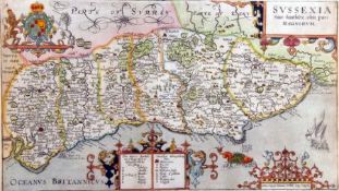 NORDEN/KIP: SUSSEXIA, engrd hand col’d Map, circa 1607, approx. 8 ¾” x 15 ½”