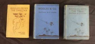 W E JOHNS (3 ttls): BIGGLES HITS THE TRAIL, 1935, Pyramid Edn, orig pict cl, soiled; BIGGLES & CO,