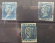 GB 1841 Twopenny Blue, used, plts 3 and 4, three examples, one with four margins, the other two with