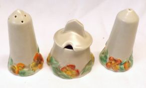 A Clarice Cliff “My Garden” Three Piece Cruet, comprising a Salt, Pepperette and Lidded Mustard, the