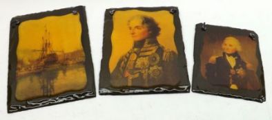 Three modern Decoupage on Slate Picture, two Lord Nelson, one of HMS Victory, the largest 7”